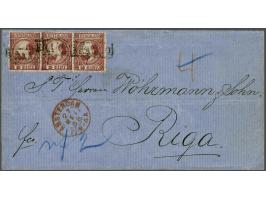 10 cent karmijn type II tanding 12¾ x 11¾ in strip van 3 op briefomslag van Amsterdam 27-5-1868 naar Riga met geschreven port