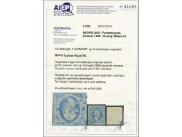 1 - Alkmaar - op 1e emissie 5 cent blauw plaat III pos. 75, pracht ex. met certificaat Vleeming 2018. 4 afdrukken van dit ste
