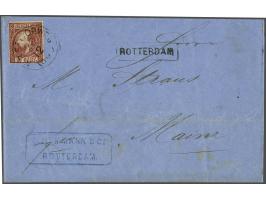 10 cent karmijn type II tanding 13½ kleine gaten met rondstempel N.R. Spoorweg op briefomslag van Rotterdam (haltestempel voo