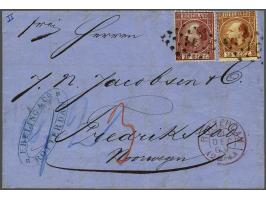10 cent karmijn type II tanding 12¾ x 11¾ en 15 cent oranjebruin type I tanding 12¾ x 11¾ op vouwbrief van Rotterdam 4-12-186