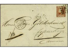 15 cent oranjebruin type I tanding 13¼ kleine gaten op vouwbrief van Amsterdam 13-12-1872 naar Kopenhagen, pracht ex.