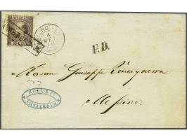 25 cent donkerviolet type I tanding 12¾ x 11¾ grote gaten met haltestempel Amsterdam op briefomslag 4-5-1870 naar Messina (I)
