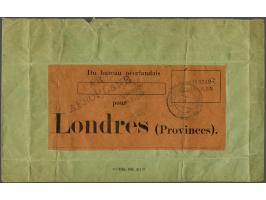 Verzegelde envelop voor het verzenden van luchtpost brieven met oranjerood etiket Du bureau néerlandais pour Londres (Provinc