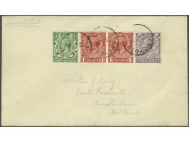Brief eerste terugvlucht Croyden(London)-Amsterdam 5 jy 1920 met aankomststempel 6.VII 1920 met 2½d port en 3d luchtrecht. VH