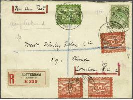 60 cent olijf en groen met luchtpost 10 cent rood (3x) en 15 cent groen op aangetekende envelop Per air post Rotterdam Kruisk