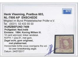 10 cent wijnrood pos. 51 met velrand, vrijwel pracht ex. (horizontaal vouwtje) met attest Vleeming 2017, cat.w. 400