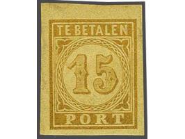 15 cent oranje op geel met variëteit geheel ongetand, pracht ex. met certificaat NVPH 1967, cat.w. 450