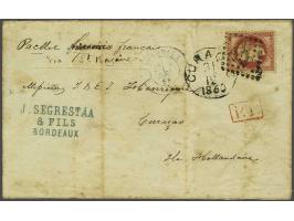 Incoming mail. Napoleon III 80 centimes karmijn op briefvoorzijde van Bordeaux 7-12-1868 naar Curacao me tevens geschreven Pa