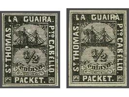 ½ centavo zwart op wit (2x) met plaatfouten witte stip in romp schip respectievelijk r en a aan elkaar, pracht ex. met respec