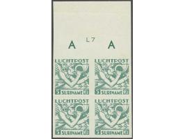 Mercuriuskop 5 gulden blauwgroen ongetande proef in blok van 4, boven velrand met ets L7, in proevencat. niet vermeld