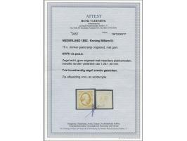 15 cent donkergeeloranje pos. 2, pracht ex. met meerdere plakkerrestjes en certificaat Vleeming 2017, cat.w. 1200