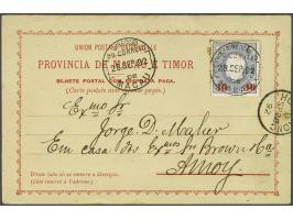 Overprint 30 reis in red on 200 reis light violet on postal stationery 28-9-1892 via Hong Kong to Amoy (China). Reponse card 