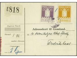 Pakkeporto 70 øre deep red violet and 1 krone yellow orange on parcel card Valby - Frederikshaab 4-4-1938, correct rate for p