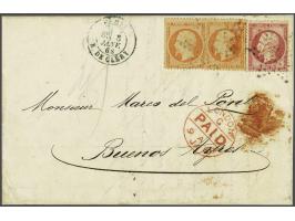 Napoleon III 40 centimes orange (2x) and 80 centimes rose on cover from Paris 5-1-1865 via London to Buenos Aires, fine/very 