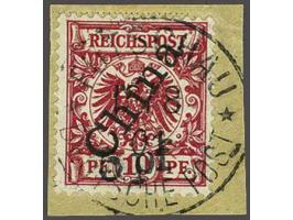 Overprint in type II 5 on 10 pfennig lilac red with cds Futschau 12-8-1901 on piece, very fine with 2018 Michael Jaschke-Lant