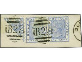 1d. blue bisected used as part of 2½ d. rate (plus pair 1d.) on piece cancelled with the B27 numeral of Quittah, a very fine 