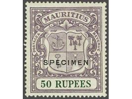 Coat of arms 50 rupees overprinted SPECIMEN, a very fine unused ex., cat.v. £ 400 