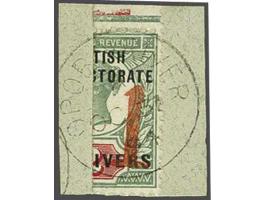 1894 Victoria  -1 - in red on a vertically bisected 2d. green and carmine top marginal ex. used on piece cancelled Opobo Rive