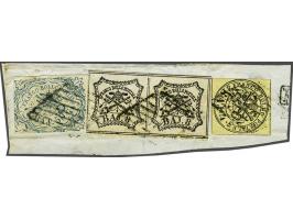 4 bajocchi black on lemon, 8 bajocchi black on white in pair and 50 bajocchi blue on piece, fine with 2018 Helmuth Avi certif