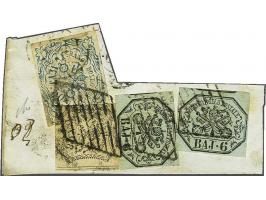 6 bajocchi black on green (2x), 8 bajocchi black on white and 50 bajocchi blue (partly cancelled with double circle marking o