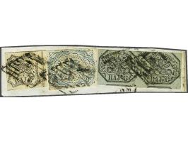6 bajocchi black on green in pair, 8 bajocchi black on white and 50 bajocchi blue on piece, fine/very fine with 2018 Helmuth 