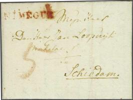  NIMÈGUE licht gevlekte afdruk in rood op brief 2 Junie 1810 naar Schiedam, port 5 St., 8 ex. bekend w.v. 6 zonder rayonstemp