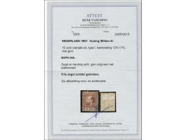 15 cent oranjebruin type I tanding 12¾ x 11¾, pracht ex, met certificaat Vleeming 2015, cat.w. 1210