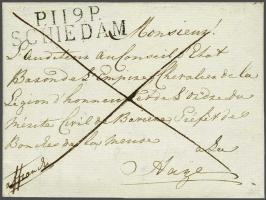P.119.P. SCHIEDAM in zwart, pracht afdruk op frisse brief 24 aout 1812 naar la Haye, 2 déc vooruitbetaald port