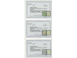 40 cent groen en oranje, 50 cent grijs en violet en 60 cent olijf en groen alle met certificaat Vleeming 2011, cat.w. 490