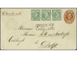 Willem III 5 cent groen tanding 12½ x 12 grote gaten in strip van 3 op envelop G.6 van Weltevreden 1-11-1887 over Napels naar