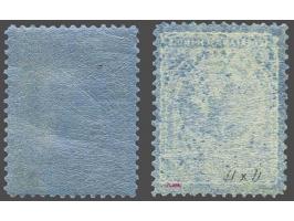 Veth 1 gulden doflila op blauw tanding 11 x 11½ en 2½ gulden zwartblauw op blauw tanding 11, pracht ex. (61A gesigneerd Keise
