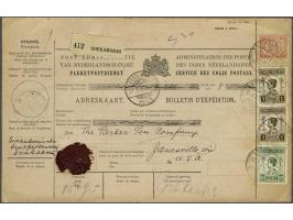 Cijfer 2½ cent lichtrood met Koningin Wilhelmina 50 cent en 1 gulden (2x) op pakketkaart (Model Pp 28b. prijs 2 cent) Soekabo