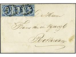 Deventer A (Ey 100) op 5 cent blauw plaat I pos. 96-98 in strip van 3 op briefomslag 17-11-1854 naar Rotterdam, pracht ex.