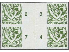 Mercuriuskop 20 cent lichtgroen, ongetande proef in blok van 4 met tussenstrook, één ex. kreukje en door middenstrook gevouwe