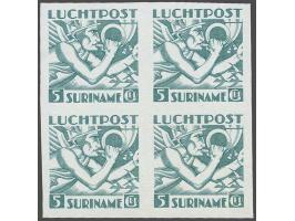 Mercuriuskop 5 gulden blauwgroen, ongetande proef in blok van 4, in PC niet vermeld, pracht ex.