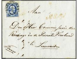 Heerenveen A (Ey 75) mooi op 5 cent blauw plaat I op vouwbrief 2-8-1853 naar Leeuwarden met tevens Na Posttijd in rood, prach