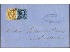 Roermond C klein (Ey 100+150) op 5 cent donkerblauw plaat III pos. 5 en 15 cent donkeroranje pos. 30 op briefomslag 28-7-1856