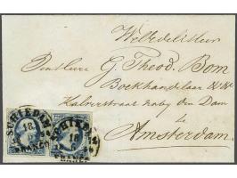 Schiedam B (Ey 125) op 5 cent blauw plaat II pos. 82-83 in paar op briefomslag 18-6-1854 naar Amsterdam, pracht ex. (verticaa