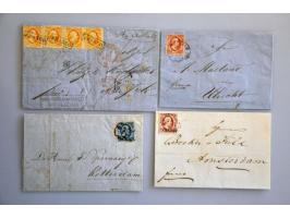 poststukken (ca. 500 ex.) w.b. port, dienst, pakketkaarten, 3e emissie, De Ruyter etc. in doos