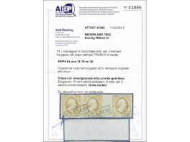 15 cent oranje pos. 14-15 en 36 in brugpaar met extra zegel, pracht ex. (niet gevouwen tussen de zegels) met certificaat Vlee