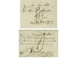 Distributiestempels S HEEREVEEN en W HEEREVEEN, beide in zwart op voorzijde brieven resp. Steenwijk-Leeuwarden 1828 en Wolveg