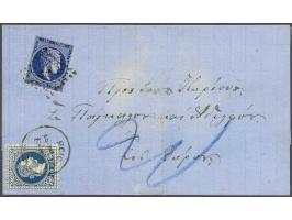10 Soldi blue (vertical crease) and Greece large head Hermes 20 lepta blue (dot cancel) on folded letter from Scio-Cesme (Chi