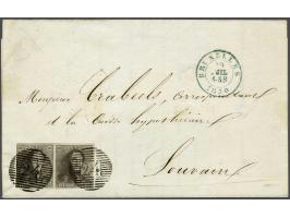 Leopold I 10 centiem bruin in paar op briefomslag van Brussel  29-7-1850 naar Leuven, pracht ex. (linkerzegel links kort, doc