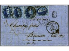 Leopold I 20 centiem blauw (4x) op vouwbrief van Namen 16-6-1859 over Calais en Parijs naar Beaune (F), vrijwel pracht ex. (r