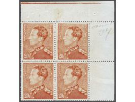 Leopold III type Poortman 20 frank bleekoranje in blok van 4 met hoekvelrand en certificaat Pierre Kaiser 2019, cat.w. 2000+