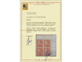 Leopold III type Poortman 20 frank bleekoranje in blok van 4 met hoekvelrand en certificaat Pierre Kaiser 2019, cat.w. 2000+
