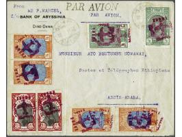 Air mail overprint in purple, 1/8 Menalek (pair and 2 single, both single with DOUBLE overprint), 1/2 Menalek (2x, one with d