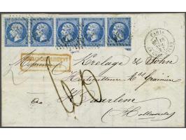 Napoleon III 20 centimes blue in strip of 5 on cover from Paris 18-11-1867 to Haarlem (Netherlands) with red cachet Affranchi