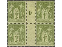 Paix et Commerce 1 franc olive type II in interpanneau block of 4 with millésime 0 and without millésime, very fine (upper pa