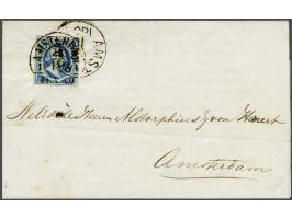 5 cent blauw plaat II pos. 17 op drukwerk lokaal te Amsterdam 28-10-1854. Zegel was tegen de voorschriften ontwaard met het r